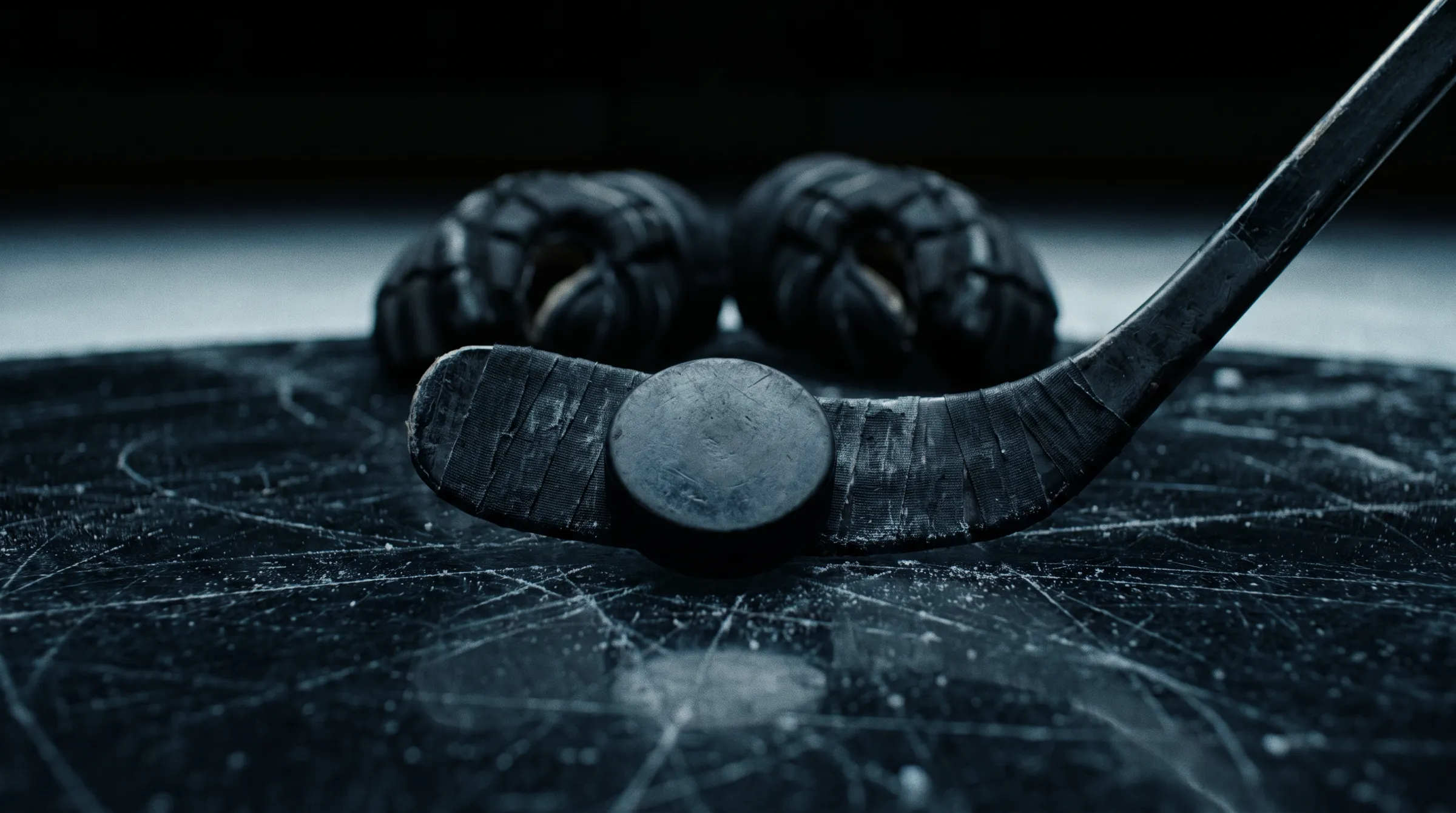 Taped stick blade cradling a puck on dark ice